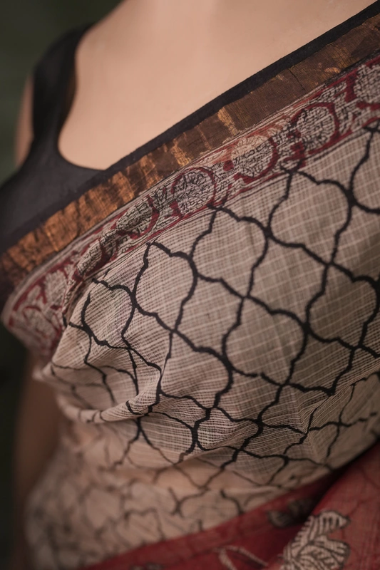 Kota Doria - Beige with Whole Body block Prints and Red Border