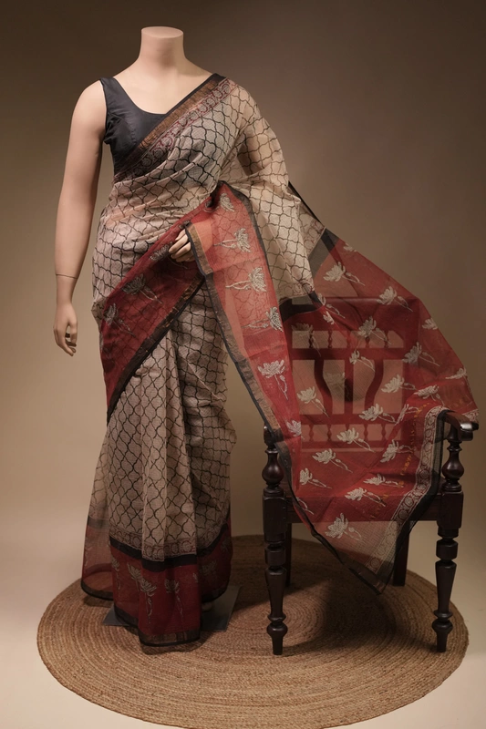 Kota Doria - Beige with Whole Body block Prints and Red Border