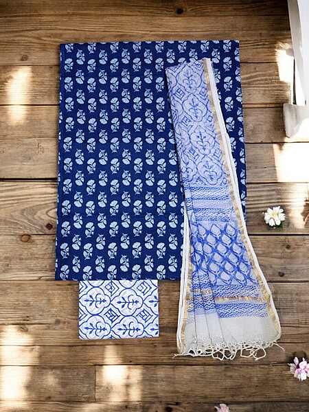 Indigo & White Hand Block Print Kota Doria Unstitched Suit Set