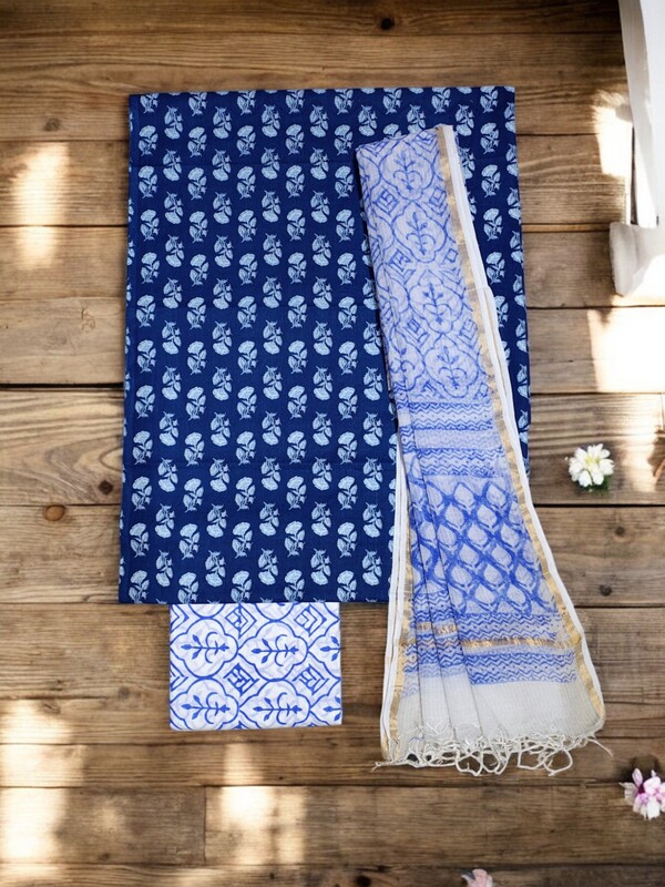 Indigo & White Hand Block Print Kota Doria Unstitched Suit Set