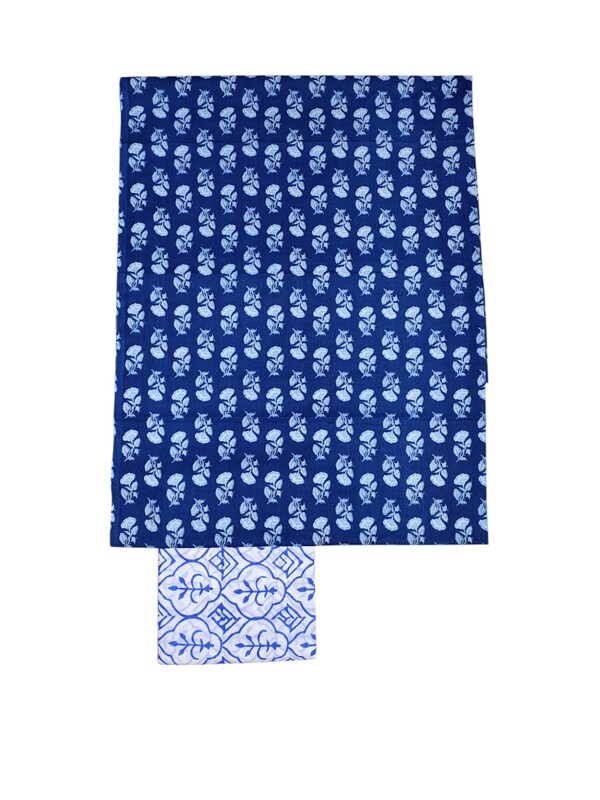 Indigo & White Hand Block Print Kota Doria Unstitched Suit Set