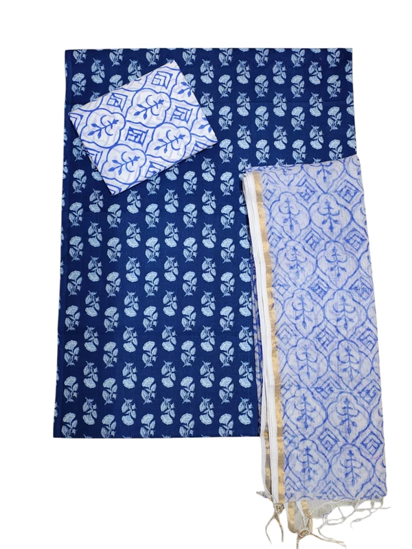 Indigo & White Hand Block Print Kota Doria Unstitched Suit Set