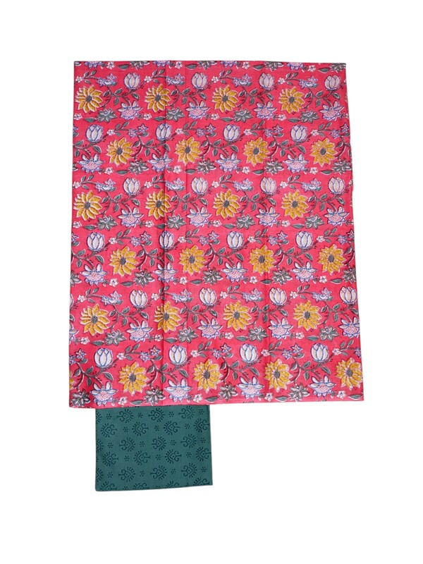 Pink & Green Unstitched Hand block Print Cotton Salwar Suit Set with Kota Doria Dupatta for Women
