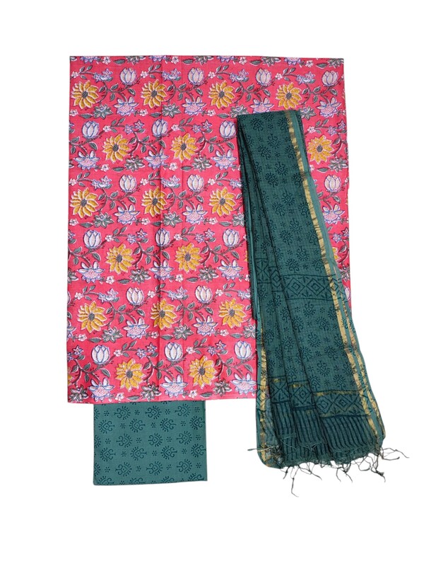 Pink & Green Unstitched Hand block Print Cotton Salwar Suit Set with Kota Doria Dupatta for Women