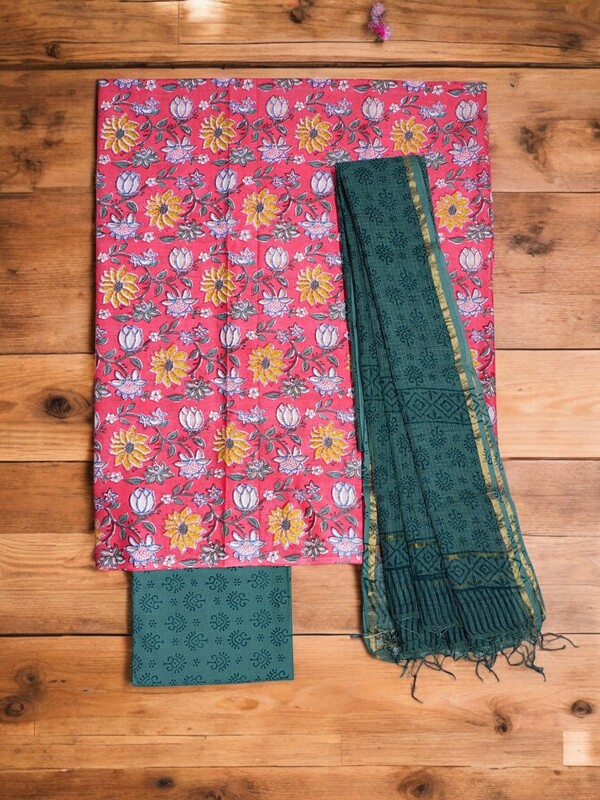 Pink & Green Unstitched Hand block Print Cotton Salwar Suit Set with Kota Doria Dupatta for Women