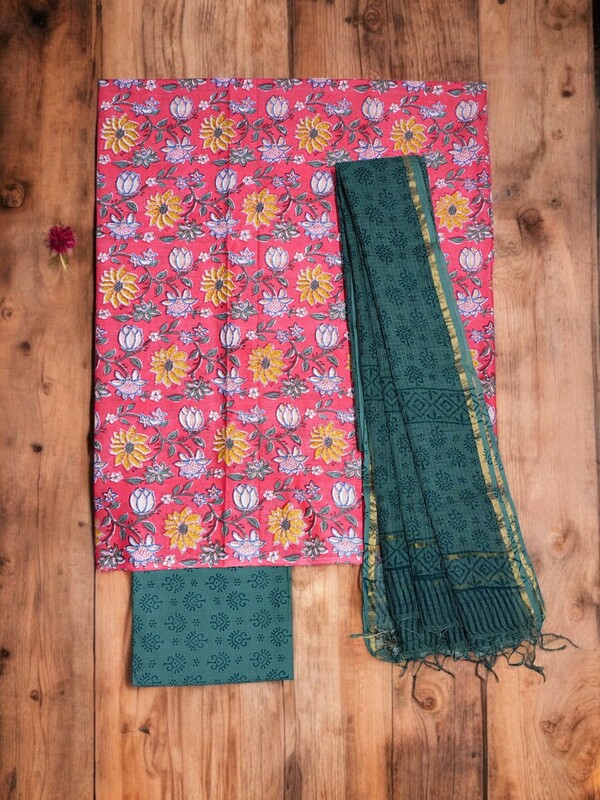 Pink & Green Unstitched Hand block Print Cotton Salwar Suit Set with Kota Doria Dupatta for Women