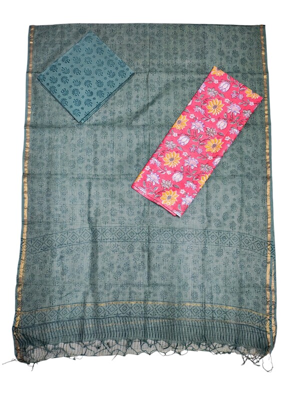 Pink & Green Unstitched Hand block Print Cotton Salwar Suit Set with Kota Doria Dupatta for Women
