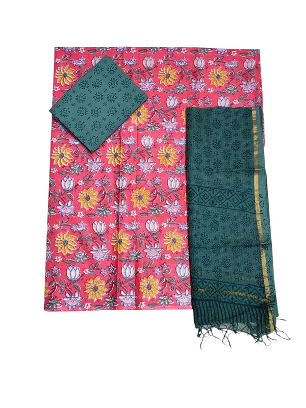 Pink & Green Unstitched Hand block Print Cotton Salwar Suit Set with Kota Doria Dupatta for Women