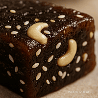 Macro shot of glossy Kozhikode black halwa with nuts