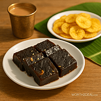 Kerala black halwa with banana chips and chai lifestyle setup Worth2Deal