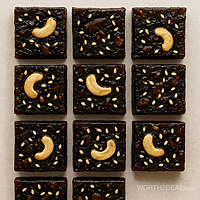 Flat-lay halwa slices showing glossy surface and nut distribution