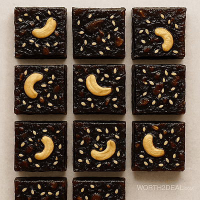 Flat-lay halwa slices showing glossy surface and nut distribution