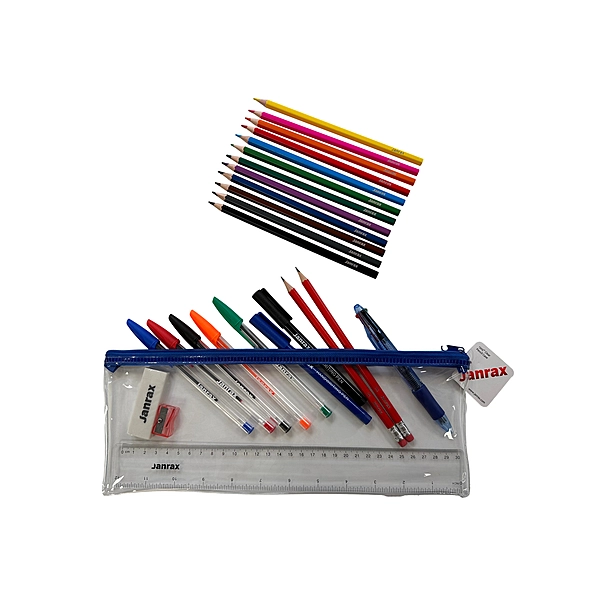 Stationery Filled Blue Zip 13x5"" Pencil Case with Colouring Pencils