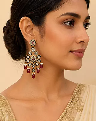 Noor Ruby Beaded Floral Kundan Dangler Earrings
