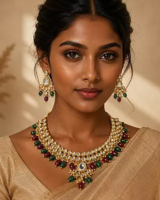 Kundan Vamika Green and Wine Bead Necklace Set