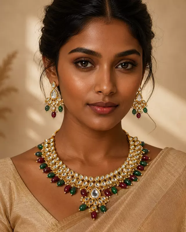 Kundan Vamika Green and Wine Bead Necklace Set