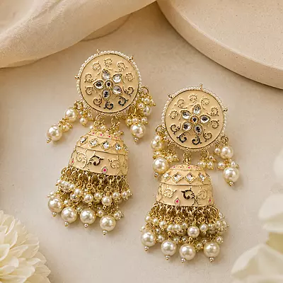Aaradhya Pearl Jhumka Earrings with Maang Tikka Set