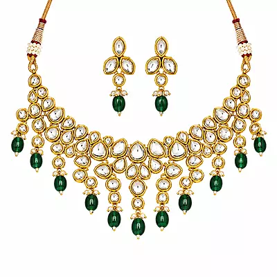 Kundan Arohi Green Bead Cascade Necklace Set
