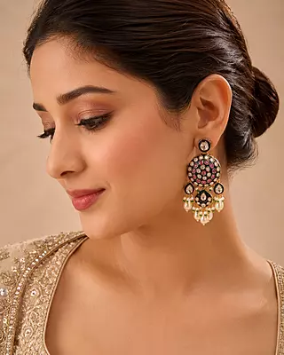 Kundan Ruby Green Pearl Drop Statement Earrings