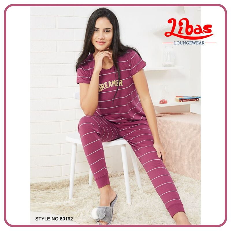 Rouge Stripe Printed Top & Bottom Hosiery Cotton Women Night Suit From Libas Loungewear - FPS113 Rouge Stripe Printed Top & Bottom Hosiery Cotton Women Night Suit From Libas Loungewear - FPS113