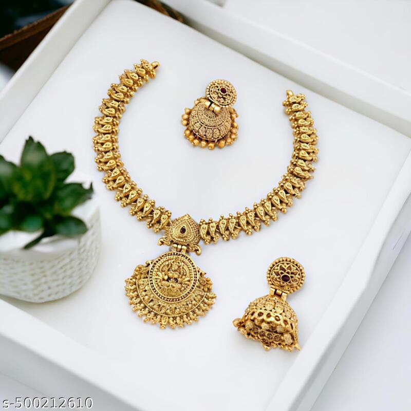 Lakshmi Temple Antique Necklace Set with Jhumka Earrings