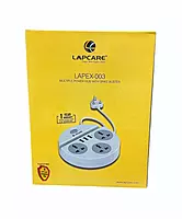 Lapcare LAPEX‑003 3-socket extension board with 3 USB ports (2.1A), LED switch, spike protection, phone stand & fireproof casing.