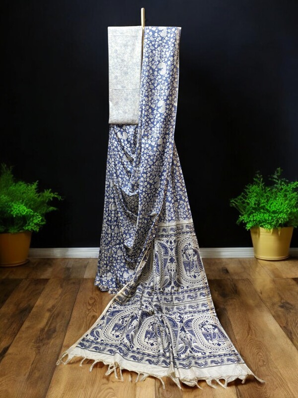 Purple Kalamkari Print Saree with Unstitched Blouse