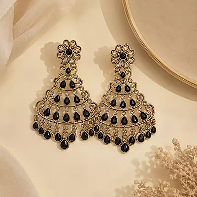 Shyamira Black Stone Gold-Tone Chandelier Earrings