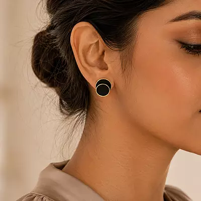 Elara Black Dual Circle Gold-Tone Stud Earrings