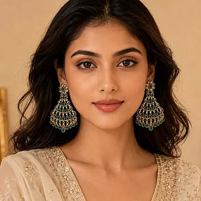 Vanamala Green Stone Gold-Tone Chandelier Earrings