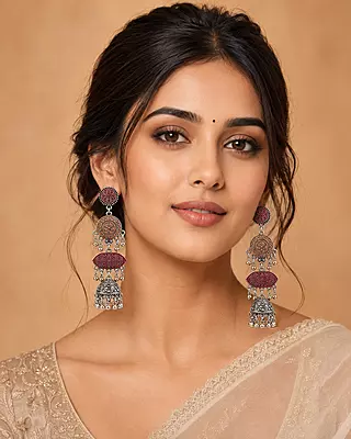 Raktima Maroon Layered Oxidised Jhumka Earrings