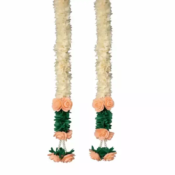 leafndeor Rose Hanging Garland. Cream and Peach Fabric Flowers, Pearl Latkan. Mandir & Door Toran