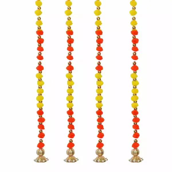 Wholesale Moti Ladi Garland. Yellow and Red Pompom Chain. Bulk supply for Diwali, Mandir & Backdrop
