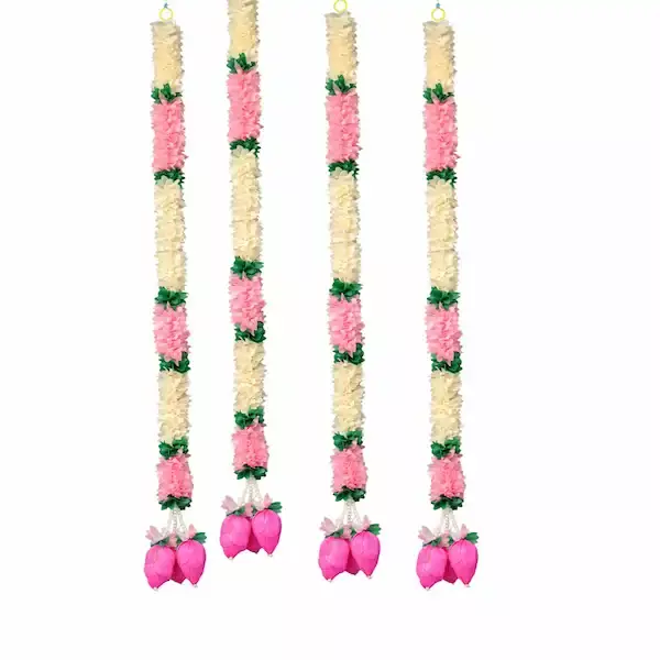 leafndeor Set of 4 Washable Lotus Toran Garland, 3ft. Double Lotus Latkan. Diwali & Mandir Decor