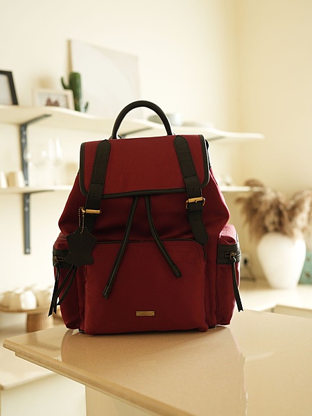MAROON SATIN TOUCH , LEATHER STRAP BAGPACKPACK
