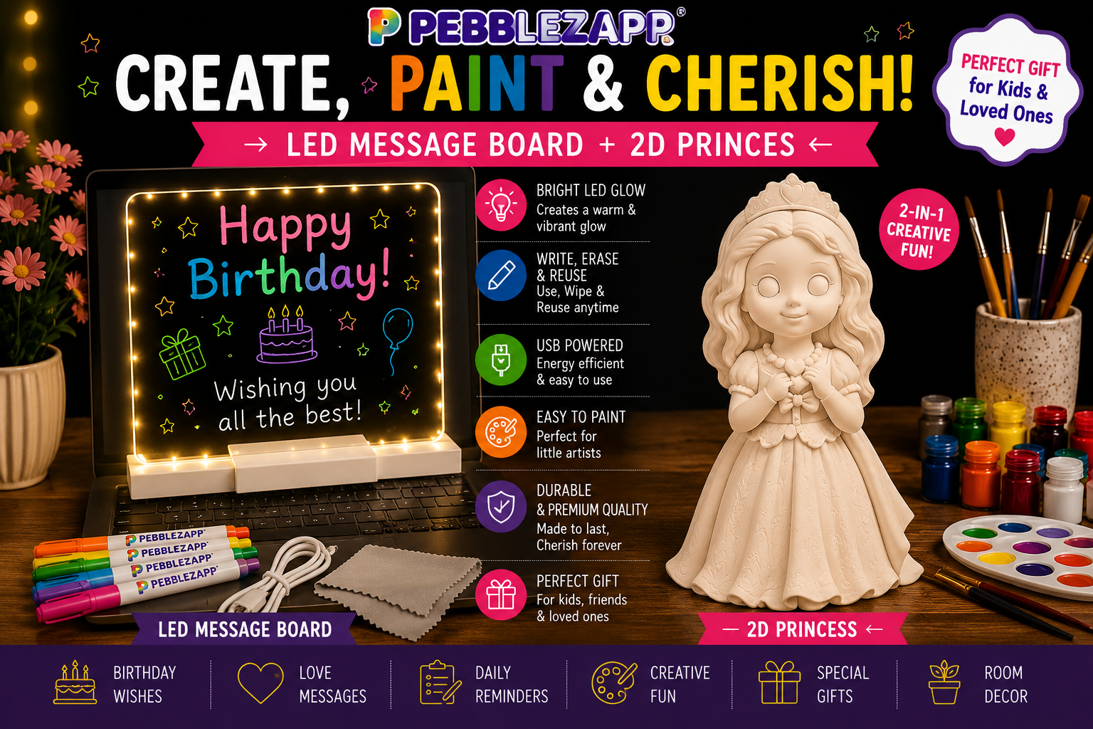 Pebblezapp LED Acrylic Writing Board with Light & 7 Pens | 8x8 with Reusable 1 Princess Statue