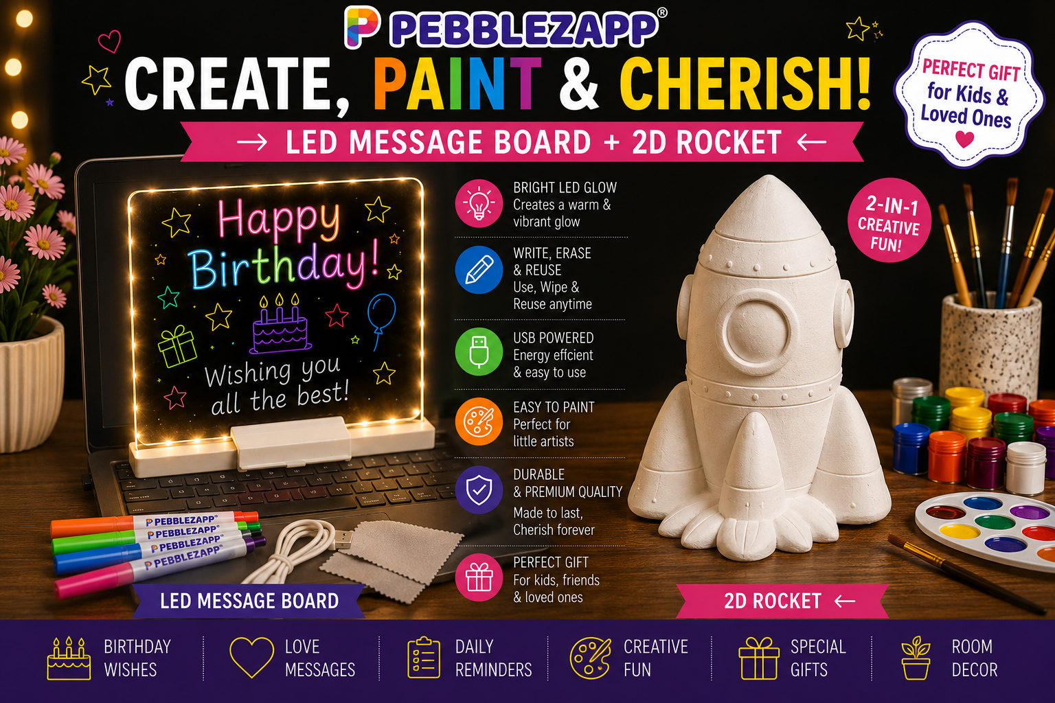 Pebblezapp LED Acrylic Writing Board with Light & 7 Pens | 8x8 in DIY with Reusable 3D Rocket Statue