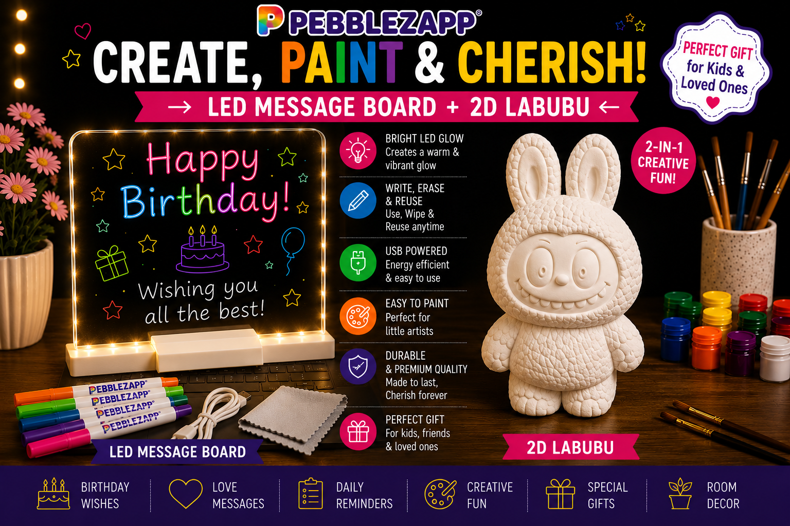 Pebblezapp LED Acrylic Writing Board with Light & 7 Pens | 8x8 in DIY with 3D Labbubu Statue