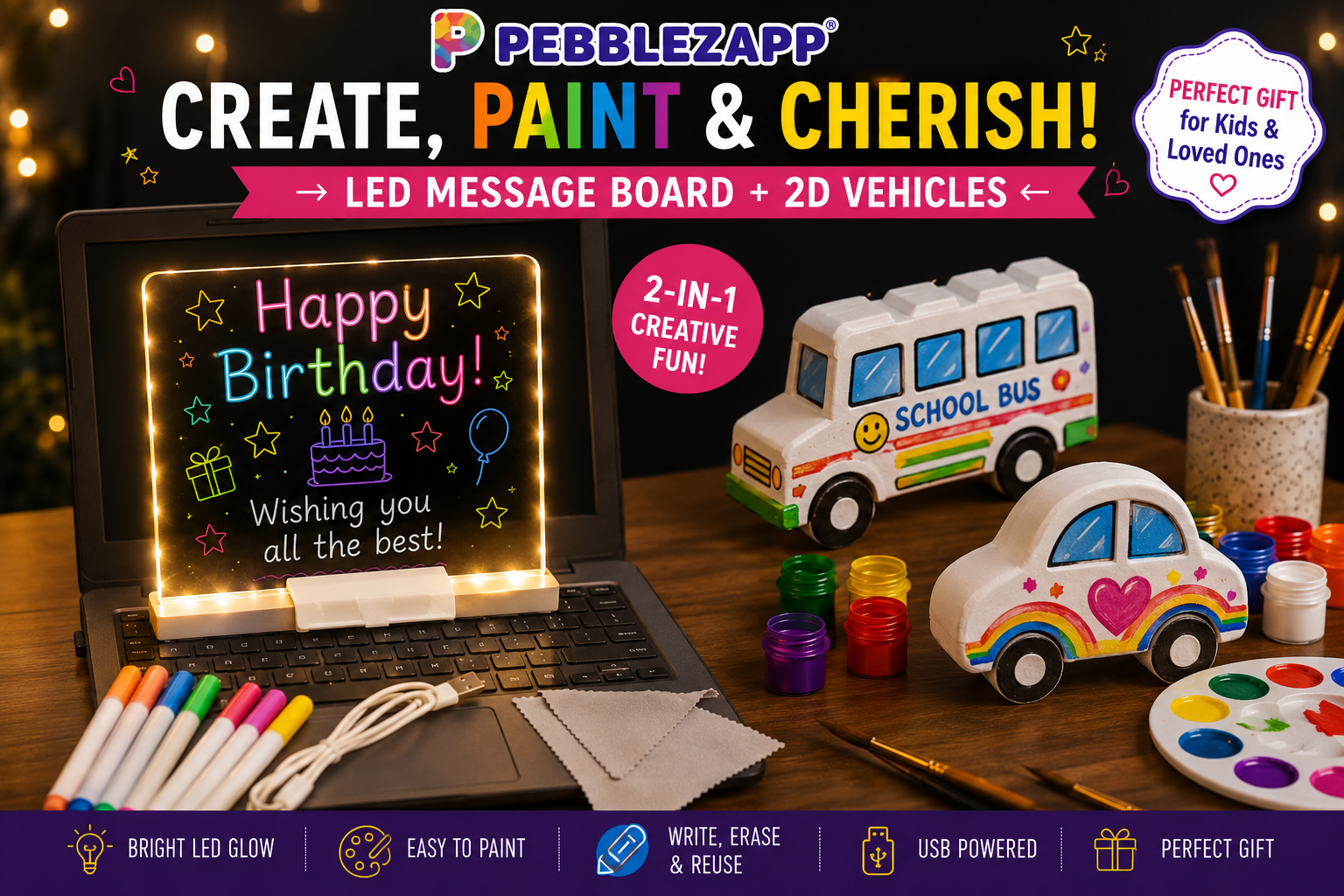 Pebblezapp LED Acrylic Writing Board with Light & 7 Pens |3D with Reusable 2 Vehicles Statue