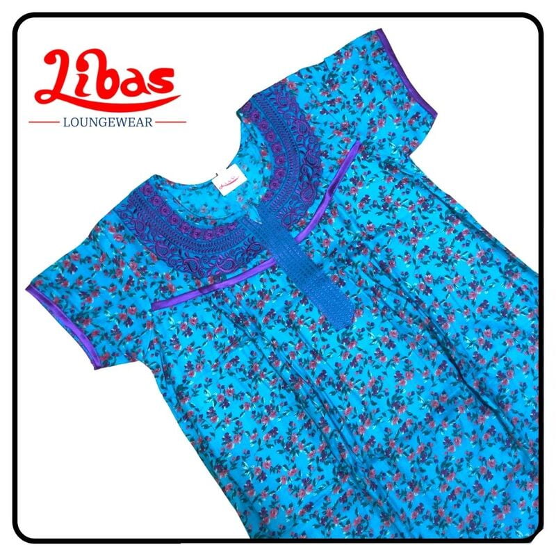 Deep sky blue alphine pleated nighty in floral print & embroidery work by libas-PLT052 Deep sky blue alphine pleated nighty in floral print & embroidery work by libas-PLT052