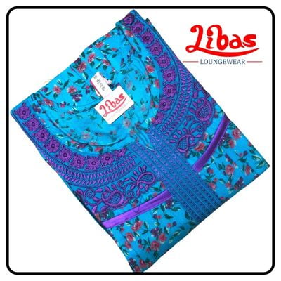 Deep sky blue alphine pleated nighty in floral print & embroidery work by libas-PLT052 Deep sky blue alphine pleated nighty in floral print & embroidery work by libas-PLT052
