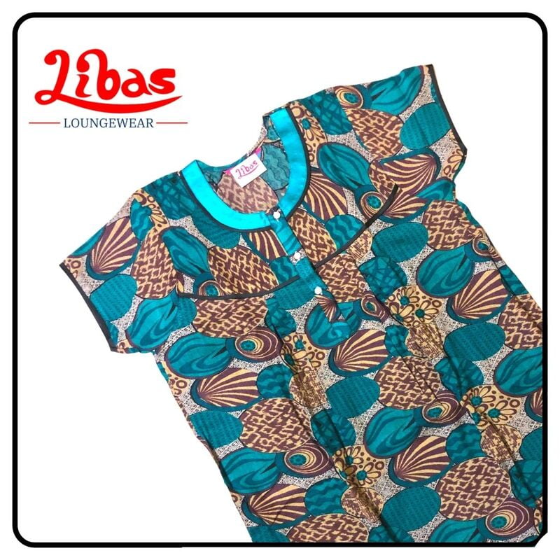Green alphine pleated nighty in geometric print & with button closure from libas-PLT092 Green alphine pleated nighty in geometric print & with button closure from libas-PLT092