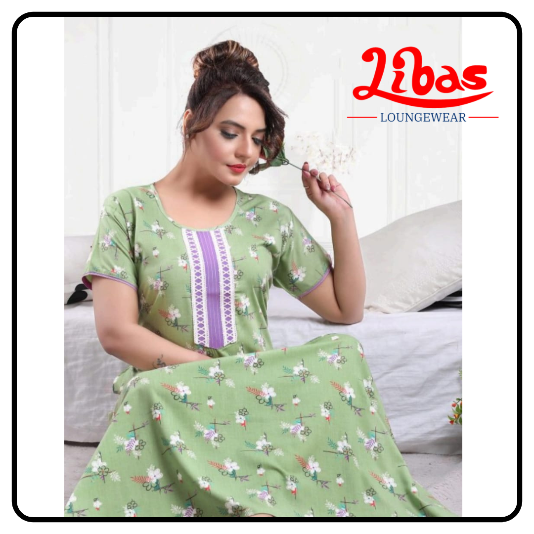Light green cotton nighty with floral prints all over from libas loungewear - PS154 Light green cotton nighty with floral prints all over from libas loungewear - PS154