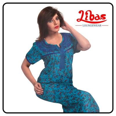 Deep sky blue alphine pleated nighty in floral print & embroidery work by libas-PLT052 Deep sky blue alphine pleated nighty in floral print & embroidery work by libas-PLT052