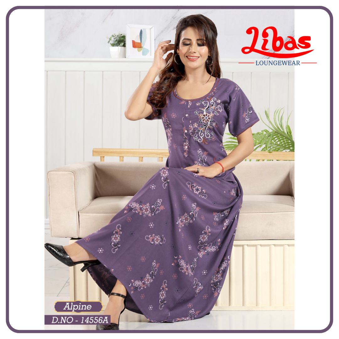 Mystical Purple Spun Cotton Nighty With Floral Print All Over From Libas Loungewear - AL1117
