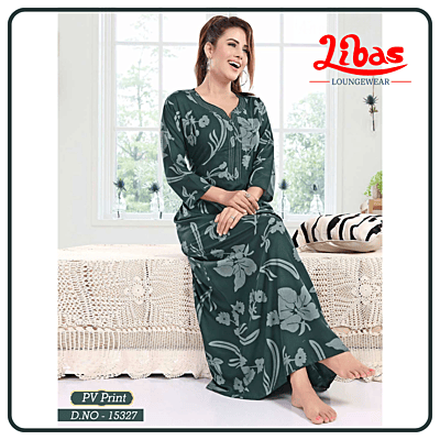 Bottle Green Bizi Lizi Long Sleeve Nighty With Floral Print All Over From Libas Loungewear - LSN219