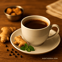 Ginger coffee served in a cup beside herbs – Kerala style