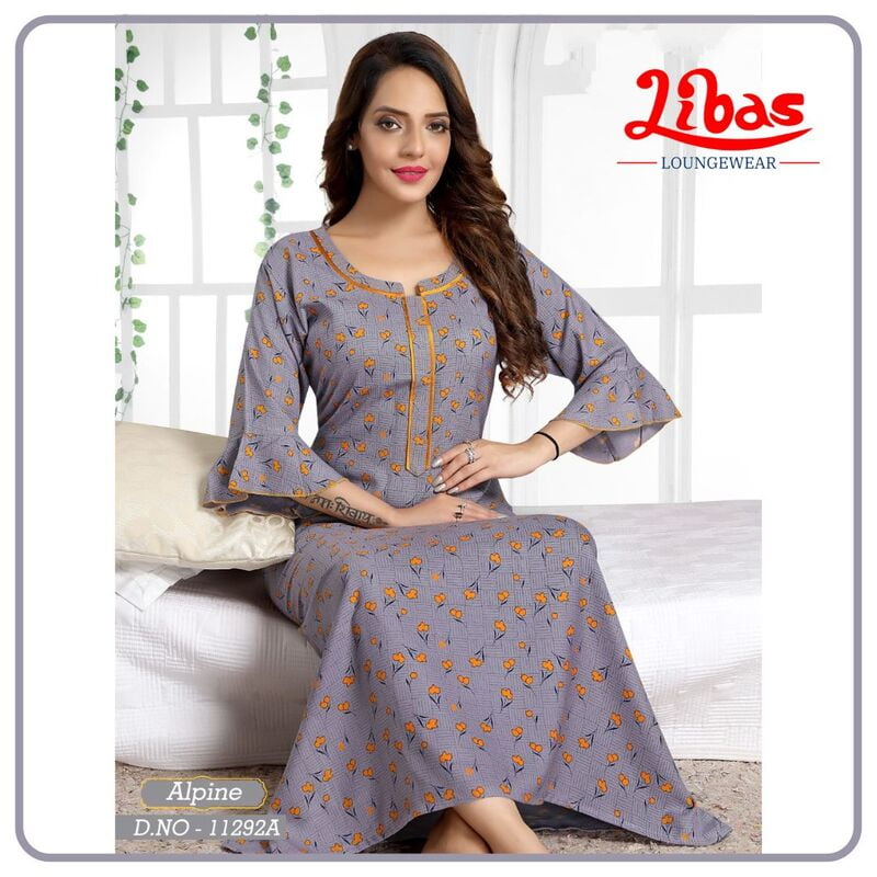 Amethyst Smoke Spun Cotton Long Sleeve Nighty With Tiny Rose Print From Libas Loungewear - LSN167 Amethyst Smoke Spun Cotton Long Sleeve Nighty With Tiny Rose Print From Libas Loungewear - LSN167