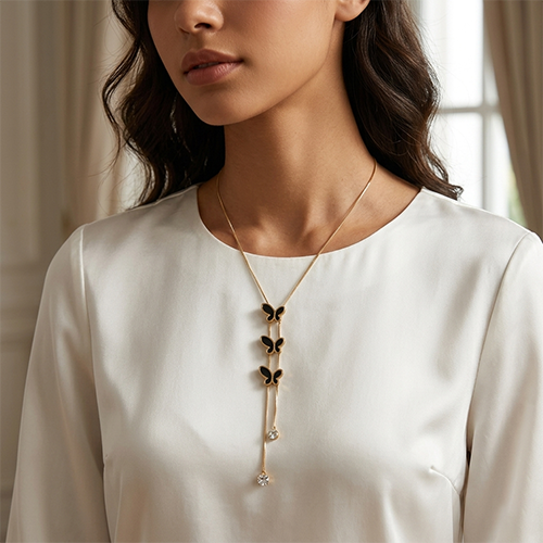 Butterfly Dangle Y-Shaped Necklace with Crystals