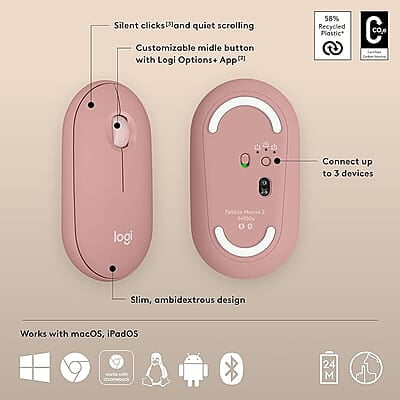 Logitech Pebble Mouse 2 M350s Slim Bluetooth Wireless Mouse, Portable, Lightweight, Customisable Button, Quiet Clicks, Easy-Switch for Windows, macOS